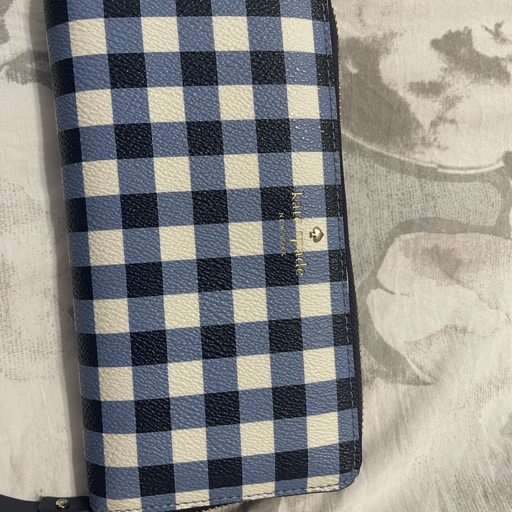 Navy blue and white Kate Spade gingham wallet